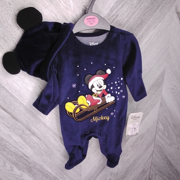 Disney Baby Mickey Mouse Christmas 2pc Set Coverall Jumpsuit Newborn (Blue) - Picture 1 of 8